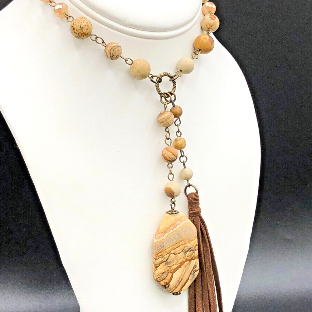 Carol Su 32" Lariat Necklace Jasper Stone Beads Earth Tone Faux Suede 7" Tassel - Picture 3 of 15